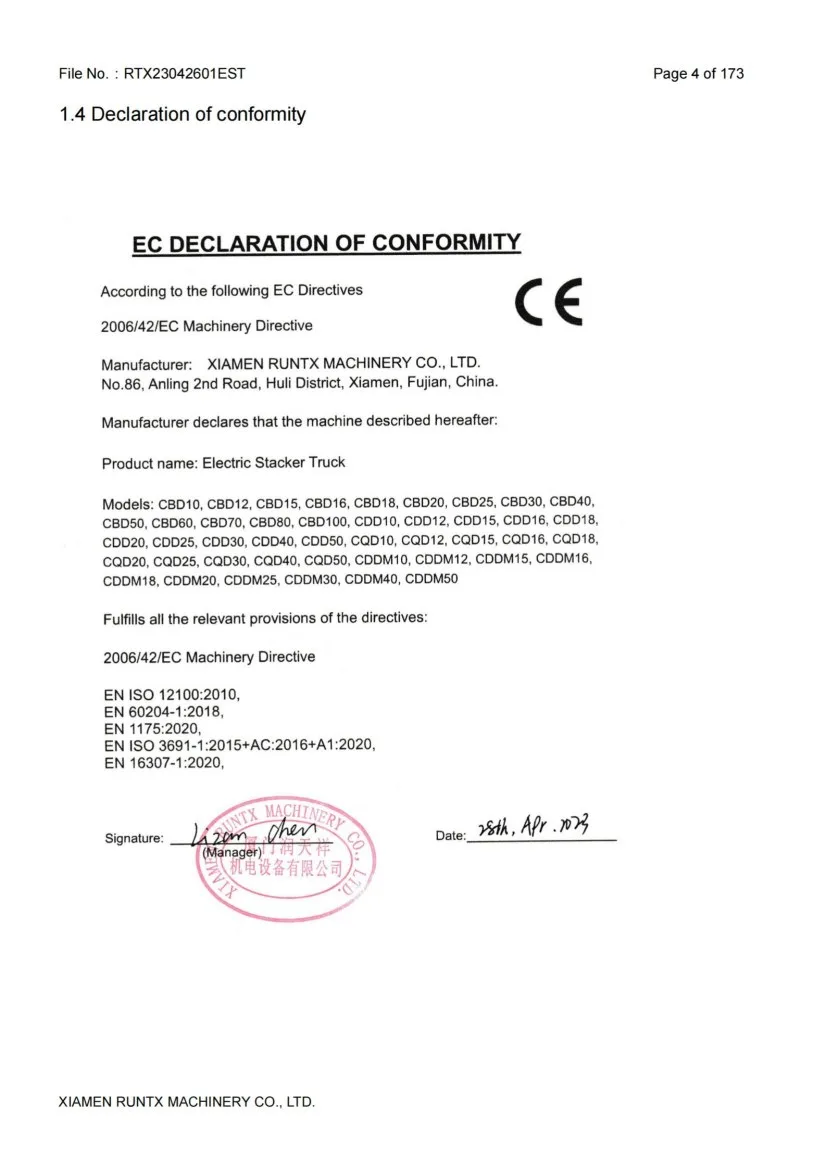 CE compliance document for applicable warehouse equipment