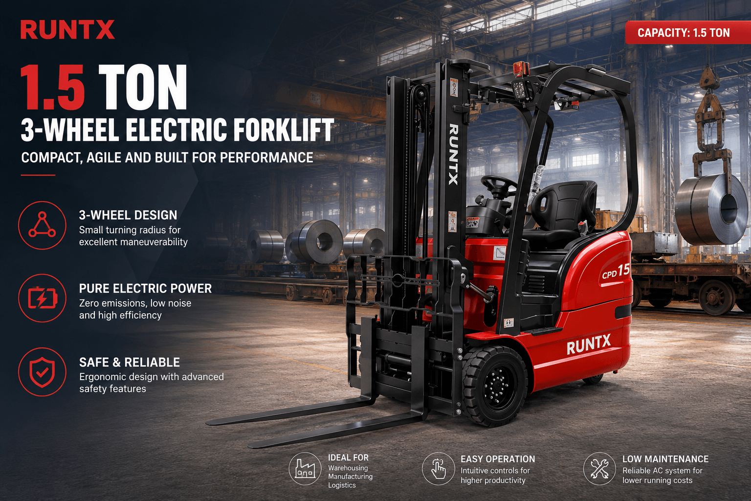 1.5 ton 3 wheel electric forklift cpd15s