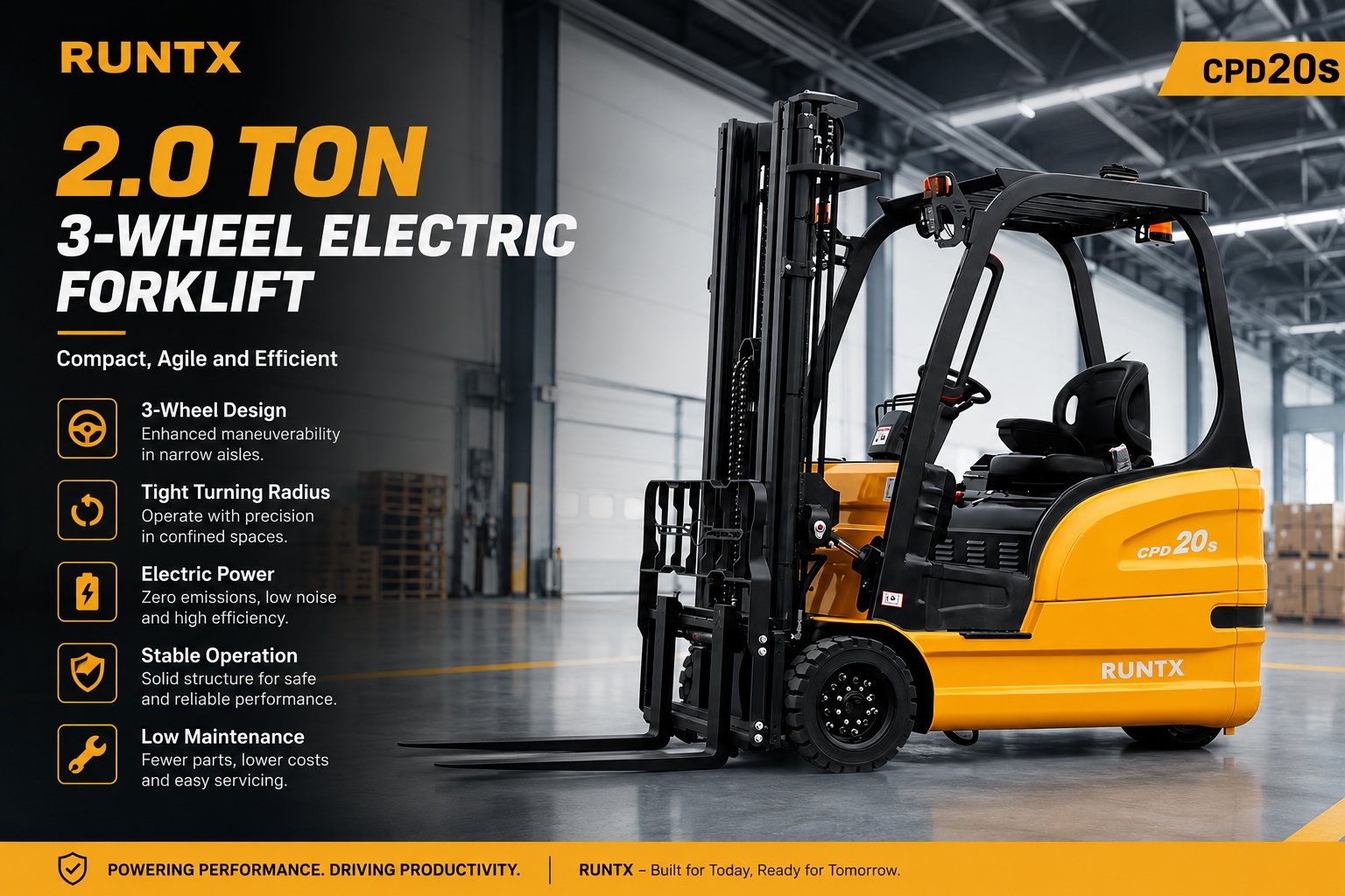 2 ton 3 wheel electric forklift cpd20s