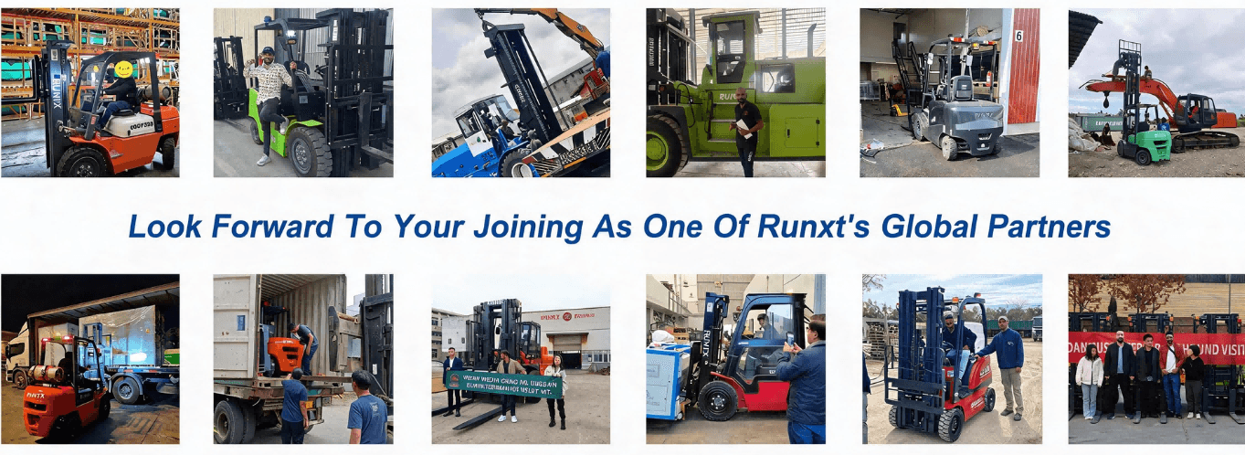 RUNTX global partner network featuring international forklift dealers, heavy machinery factory tours, and container shipping logistics verification