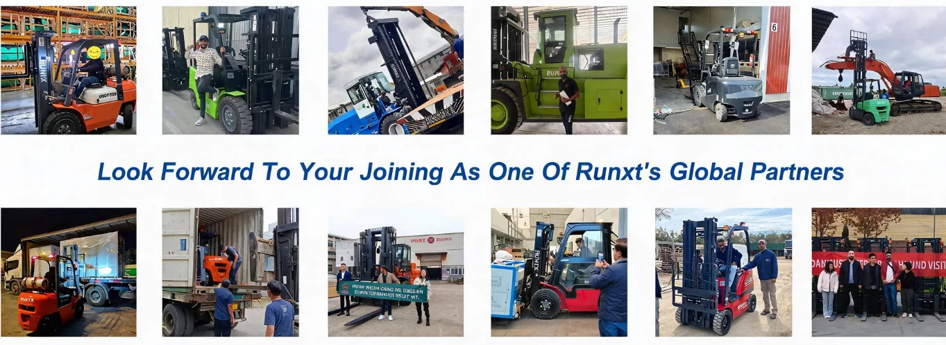 RUNTX global partner network featuring international forklift dealers, heavy machinery factory tours, and container shipping logistics verification
