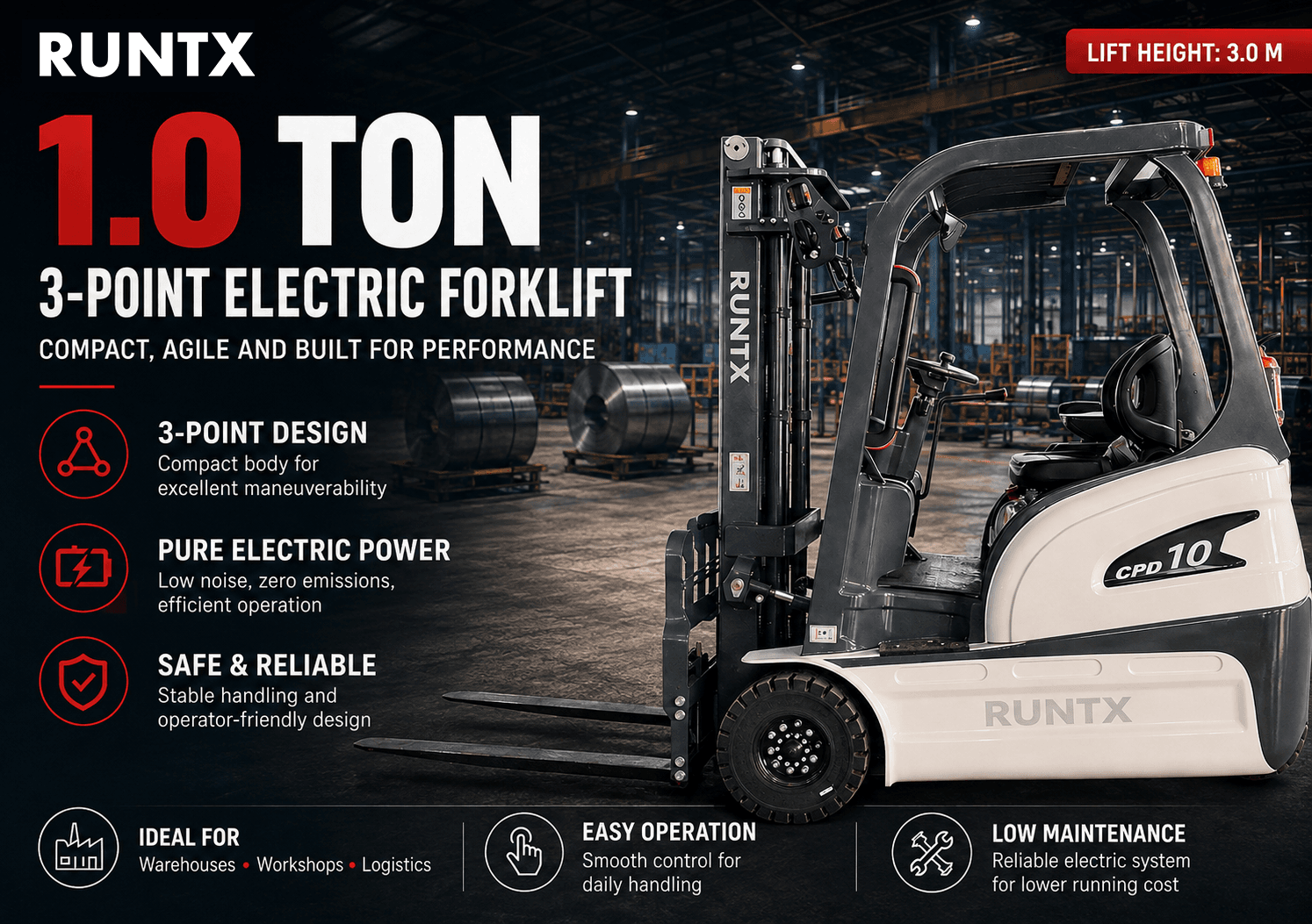 1 ton 3 wheel electric forklift cpd10s