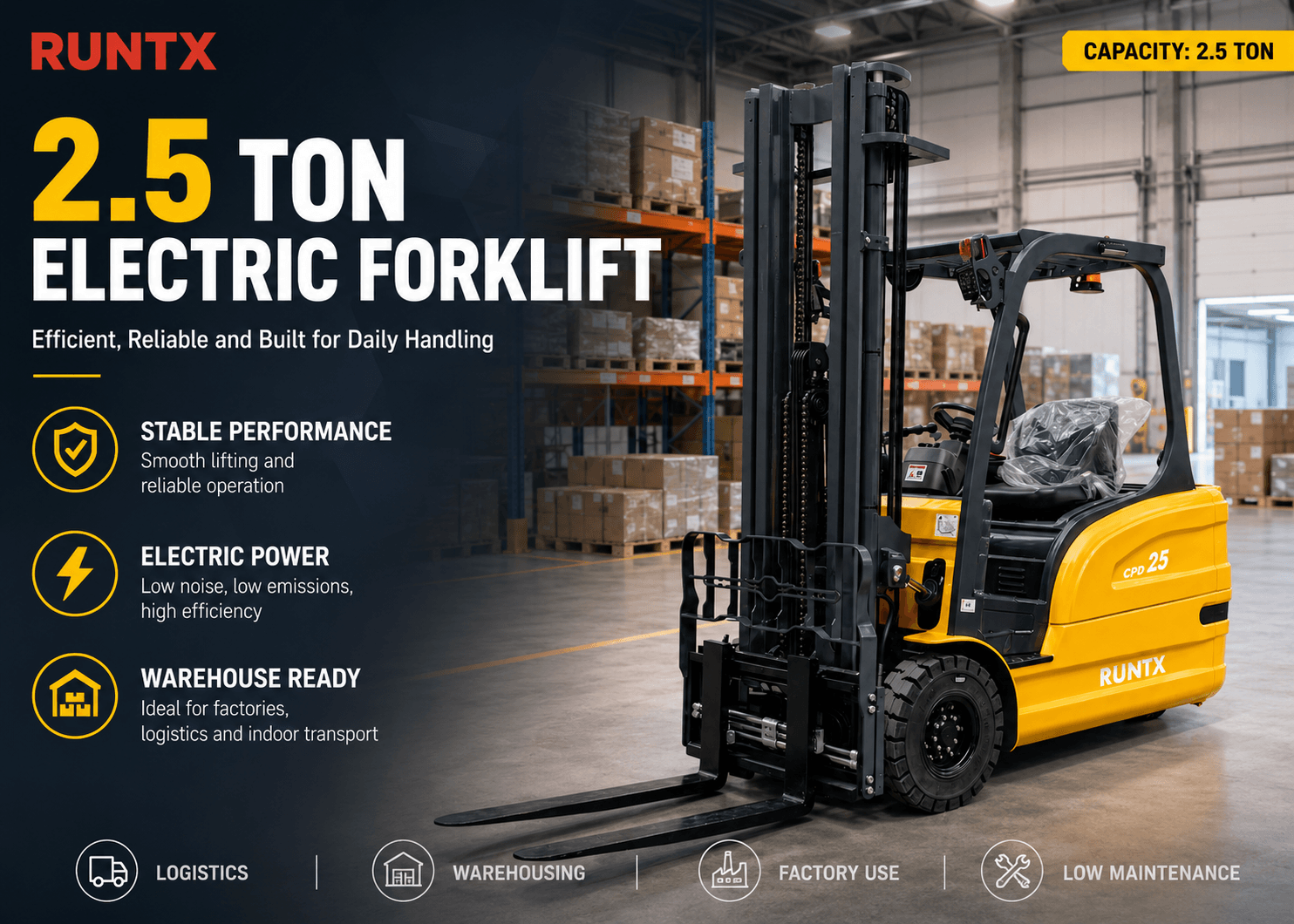 2.5 ton 3 wheel electric forklift cpd25s